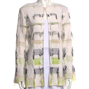 St. John Collection Fringe Trim Cream Green Black Cardigan Jacket - Sz. S